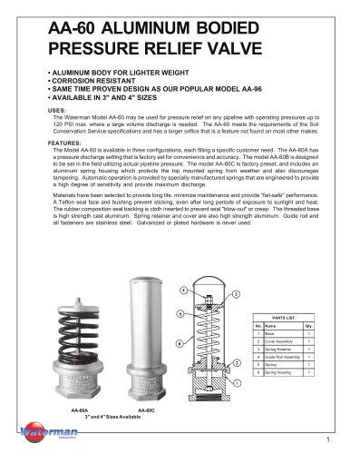 AA-60 ALUMINUM BODIED PRESSURE RELIEF VALVE