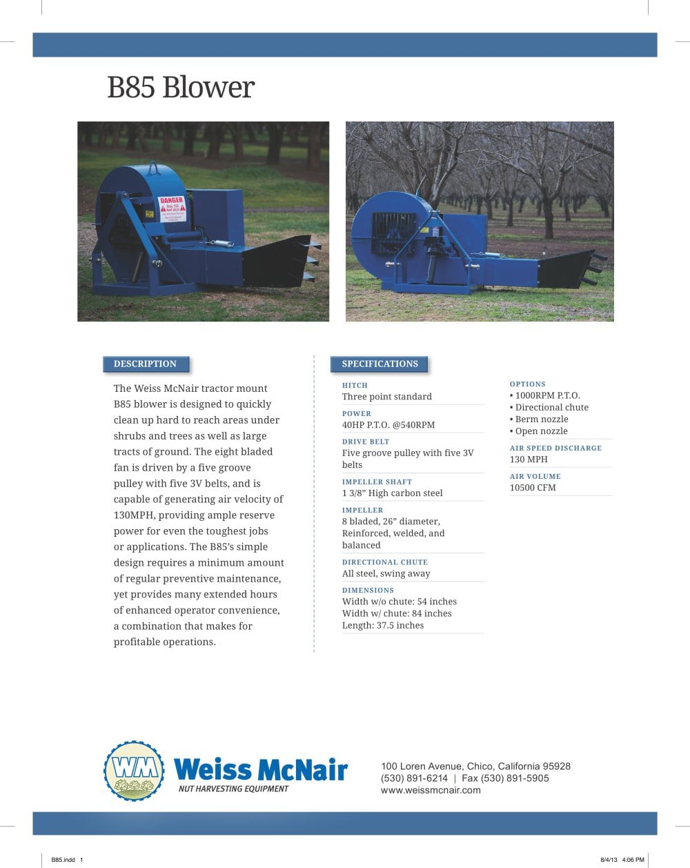 B85 Tractor Mounted Blower Specifications - Weiss McNair LLC.