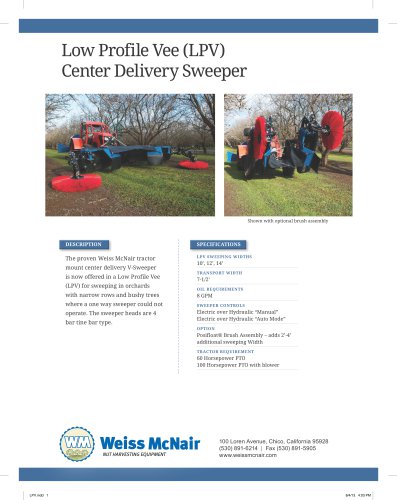 LVP-Low Profile Vee Center Delivery Sweeper Specifcations