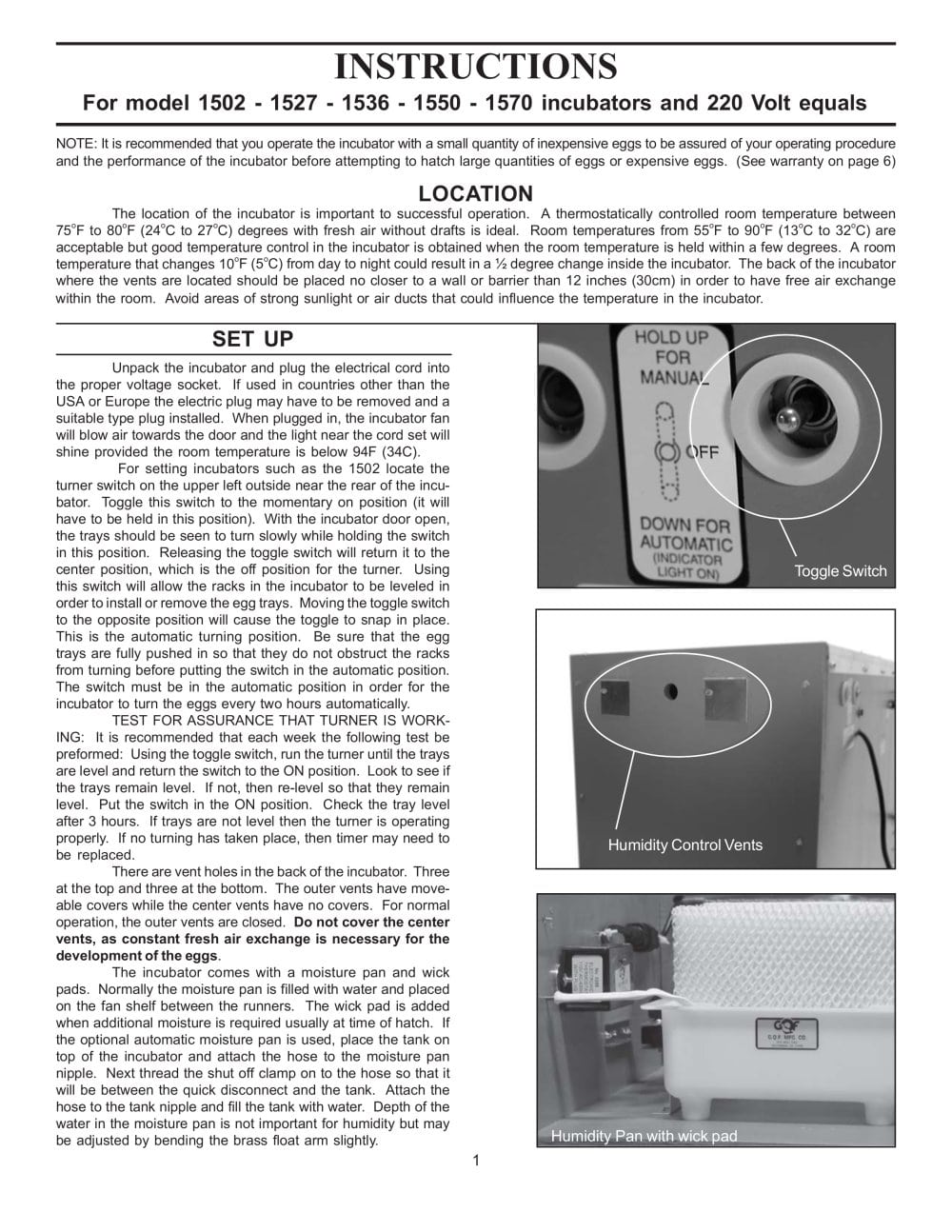 INSTRUCTIONS For model 1502 - 1527 - 1536 - 1550 - 1570 incubators and 220 Volt equals - GQF Manufacturing Company