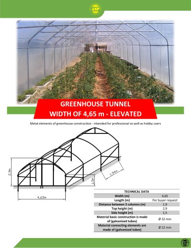 Single tunnel greenhouse construction, 4,65 m of width