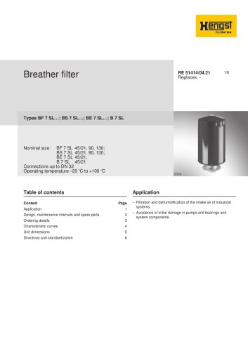 Breather filter - Types BF 7 SL ...; BS 7 SL ...; BE 7 SL ...; B 7 SL