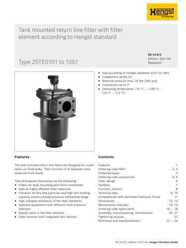Tank mounted return line filter with filter element according to Hengst standard
