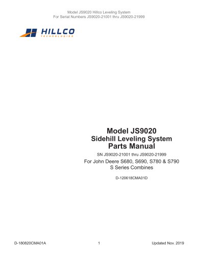 Model JS9020 Hillco Leveling System For Serial Numbers JS9020-21001 thru JS9020-21999